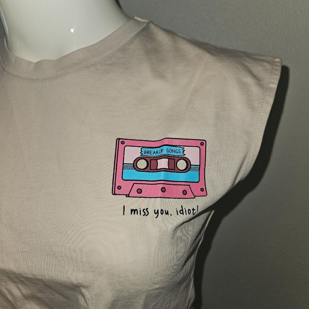 NWT Kagito Tan Tank Crop Top Cassette Tape Breakup Songs I Miss You Idiot Sz XS - Picture 2 of 14